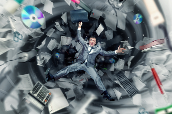 Stressed entrepreneur surrounded by business chaos and inefficiency