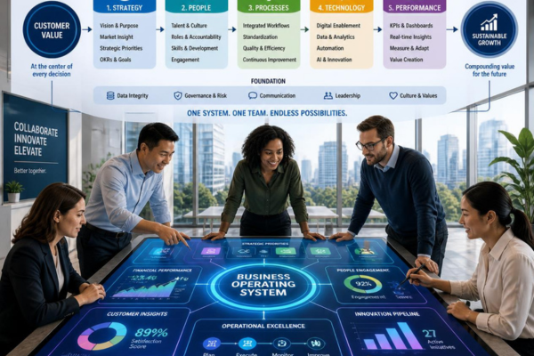 Business framework showing systems, processes, and organizational growth.

