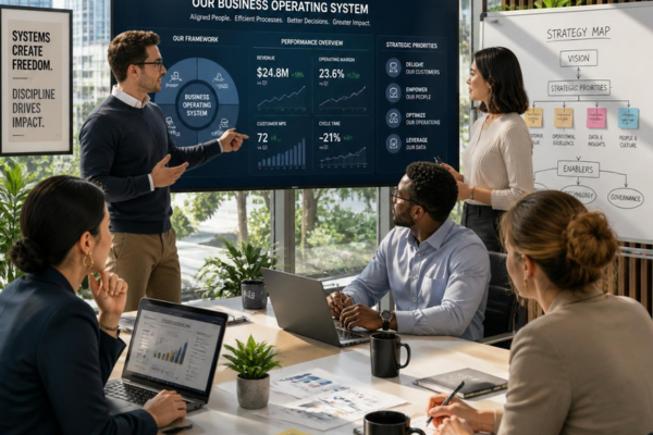 Business leaders discussing a business operating system and growth strategy.