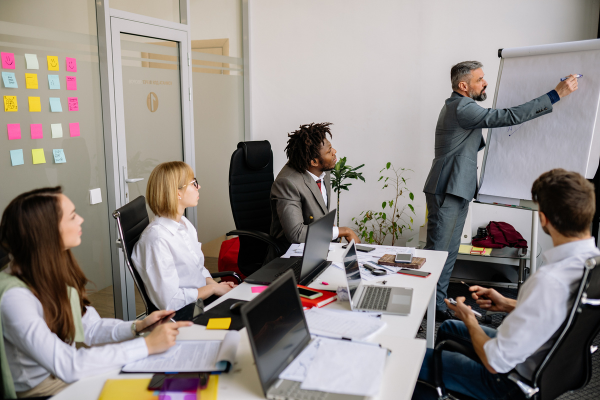 Business leader delegating tasks using standard operating procedures.
