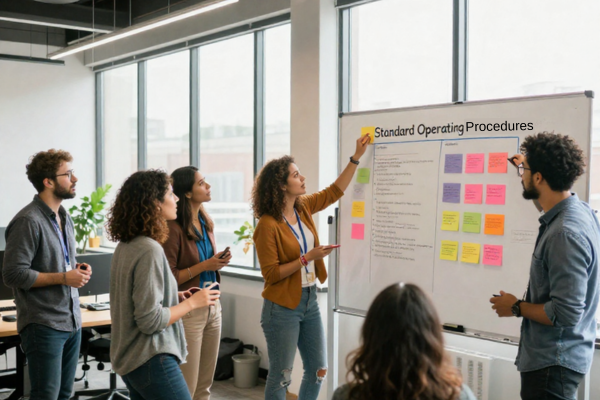 Business team creating standard operating procedures and documenting workflows.