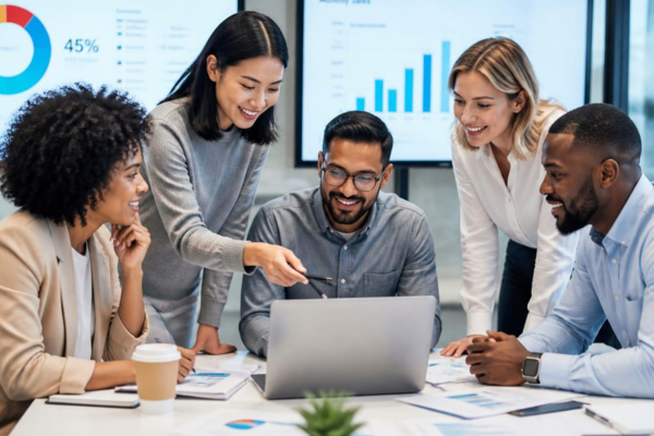 Business owner reviewing company performance metrics and growth plans
