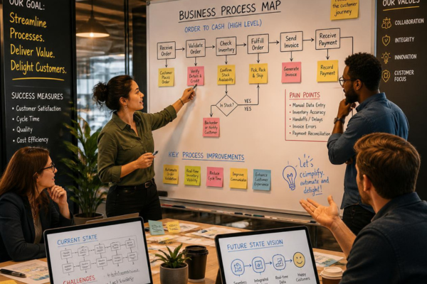 Business leaders reviewing a process map to improve company operations.